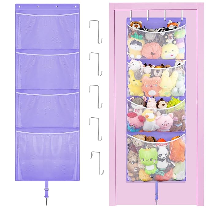 Hanging Stuffed Animal Storage, Over Door Large Plush Toy Organizer with Metal Hook, Baby Accessory Holder Idea for Nursery, Doll & Bear Mesh Hammock Bag for Girl Boy Kid Room