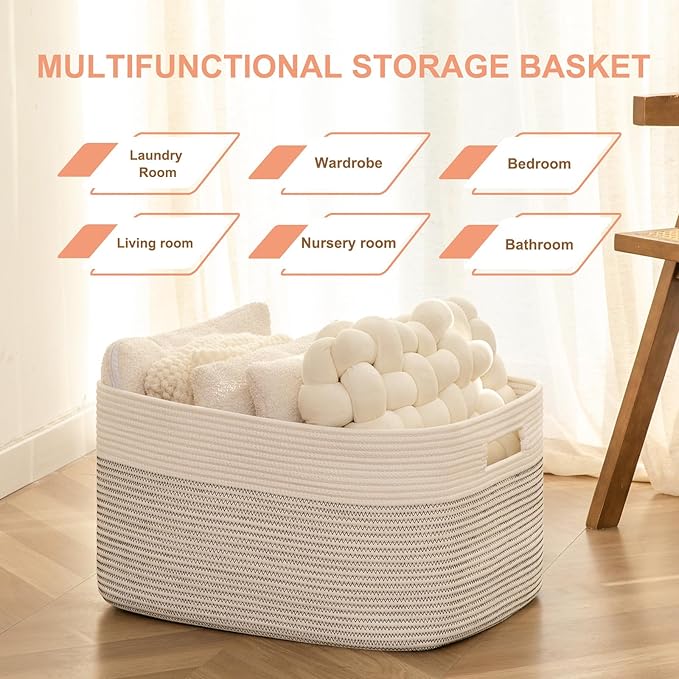 SIXDOVE 75L Large Blanket Basket, Cotton Rope Woven Storage Basket for Living Room, Toy Bin for Kids, Bedroom, Nursery, Baby Room Decorative Organizer, 22''×17''×12'', Black & White