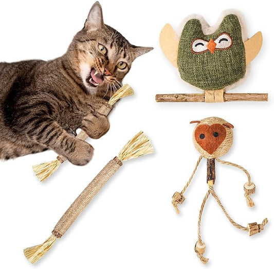 3-Pack Silvervine Sticks for Cats with Sisal Rope – Natural Catnip & Matatabi Cat Chew Toys for Indoor Cats, Kitten Toys for Dental Care, Stress Relief & Teeth Cleaning