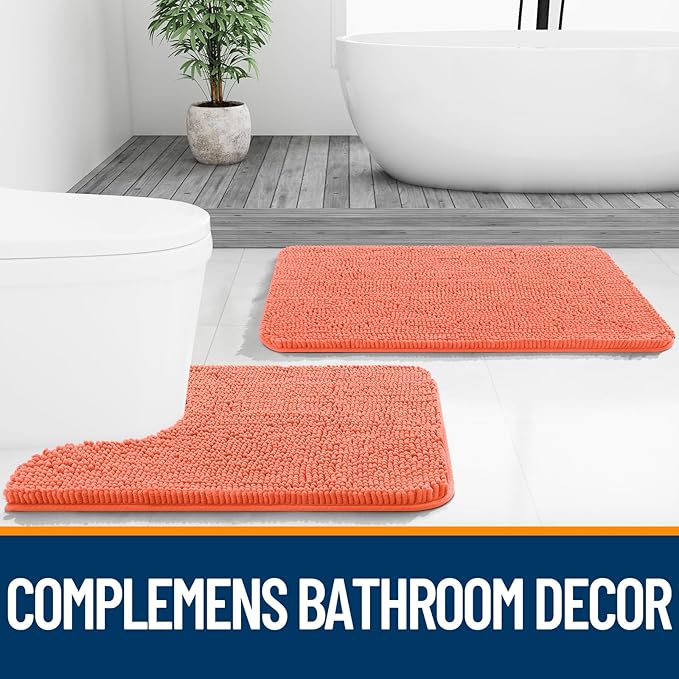 OLANLY Bathroom Rugs 24x16, Extra Soft Absorbent Chenille Bath Rugs, Rubber Backing Quick Dry, Machine Washable Bath Mats for Bathroom Floor, Tub and Shower, Home Decor Accessories, Coral