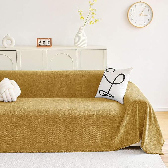 hyha Couch Cover for Dogs, Boho Sofa Covers for 3 Cushion Couch Washable, Chenille Sofa Slipcover for Pets, Soft Loveseat Sectional Couch Throw Blankets with Tassels (Yellow, 71x150 Inch)