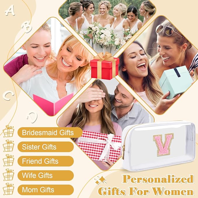 Personalized Initial Letter Clear Makeup Bag,Preppy Small Nylon&PVC Cosmetic Zipper Bag with Chenille Letter,Travel Skincare Toiletry Bag,Monogram Christmas Gift for Teen Girls Women,V