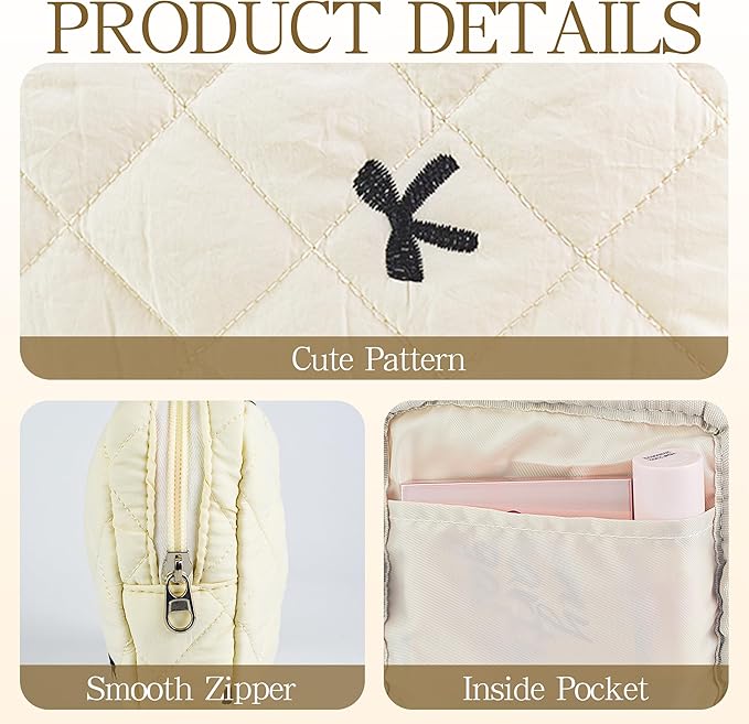 Small Floral Quilted Makeup Bag, Coquette Aesthetic Travel Toiletry Organizer for Women, Lightweight Cotton Cosmetic Pouch