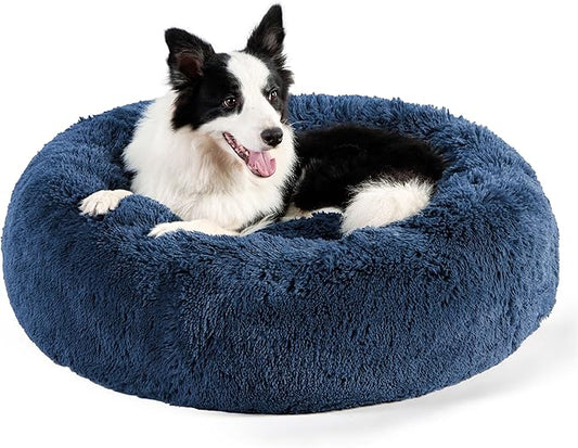 Bedsure Calming Dog Bed for Large Dogs - Donut Washable Large Pet Bed, 36 inches Anti Anxiety Round Fluffy Plush Faux Fur Dog Bed, Fits up to 80 lbs Pets, Navy