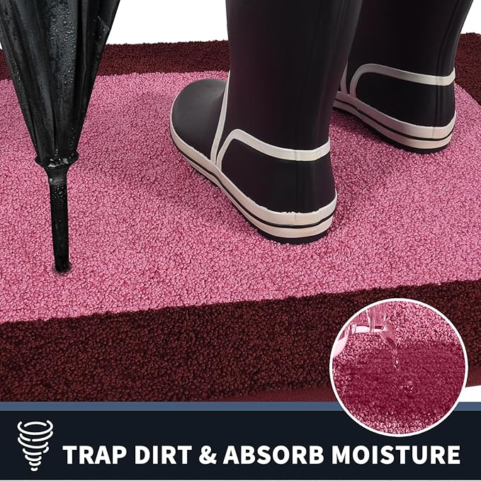 PURRUGS Dirt Trapping Door Mat 32" x 48", Non-Slip Machine Washable Entry Rug, Entrance Mat, Indoor Front Door Mat, Super Absorbent Entryway Rug for Muddy Shoes & Paws, Pink & Burgundy Red