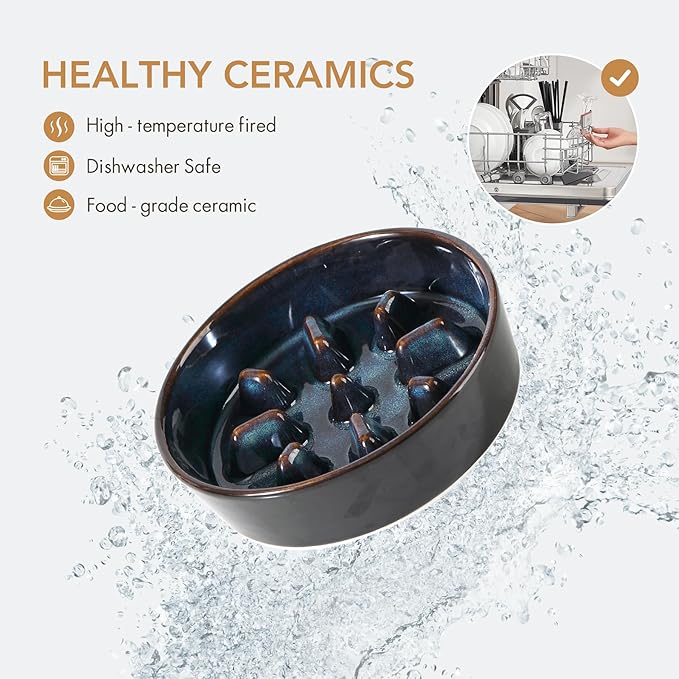Ceramic 1.2 Cup Dog Bowl Slow Feeder, 7.3 inch Slow Pet Food Dish for Medium and Small Dog, Stop Bloat, Preventing Choking(Single Bowl, Starry Sky)
