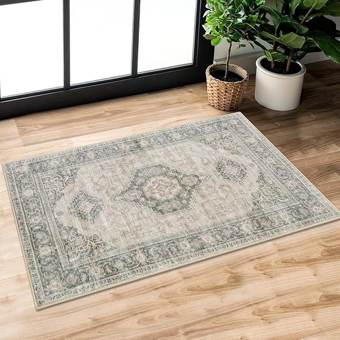 Lahome Oriental Kitchen Rugs Non Slip, 2x3 Small Rugs for Bedroom Entryway, Soft Door Mat Indoor Entrance Vintage Ultra-Thin Carpet for Kitchen Bathroom Bedroom Eleanor, Grey/Brown