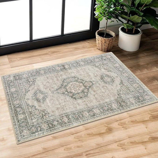 Lahome Oriental Kitchen Rugs Non Slip, 2x3 Small Rugs for Bedroom Entryway, Soft Door Mat Indoor Entrance Vintage Ultra-Thin Carpet for Kitchen Bathroom Bedroom Eleanor, Grey/Brown