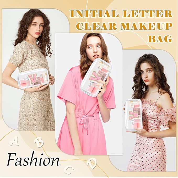 Personalized Initial Letter Clear Makeup Bag,Preppy Small Nylon&PVC Cosmetic Zipper Bag with Chenille Letter,Travel Skincare Toiletry Bag,Monogram Christmas Gift for Teen Girls Women,V