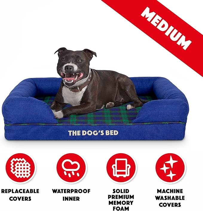 The Dog’s Bed, Med Black Watch Tartan, Memory Foam, Pain Relief: Arthritis, Hip & Elbow Dysplasia, Post Surgery, Lameness, Supportive, Calming, Waterproof Washable Cover