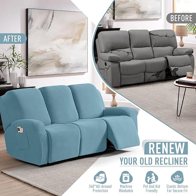 TAOCOCO Recliner Sofa Covers 8-Pieces Stretch Large Couch Covers for 3 Seats Reclining Slipcovers Soft Jacquard Pattern Furniture Protector (Dusty Blue)