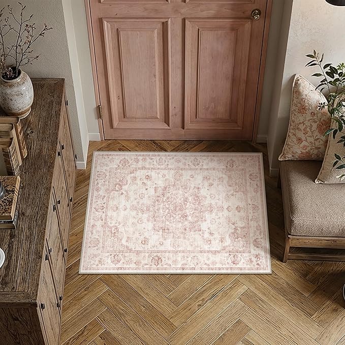 2x3 Washable Neutral Area Rug Pink Vintage Entryway Kitchen Carpet Non-Slip Soft Low Pile Farmhouse Indoor Small Throw Rug for Bedroom Bathroom Entrance