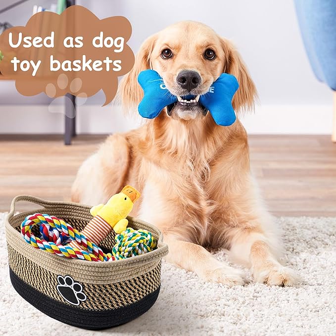 Small Woven Baskets for Organizing Rope Storage Basket with Handle Cute Cotton Nursery Gift Dog Toy Bins Organizer-Light Beige