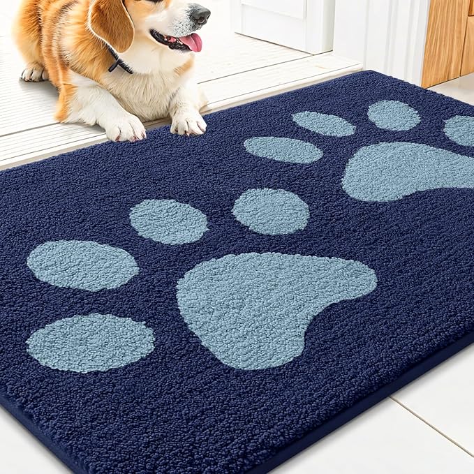 Smiry Dog Door Mat for Muddy Paws, Absorbs Moisture and Dirt, Low-Profile Entryway Mat with Non-Slip Backing, Entry Indoor Outdoor Doormat for Inside Floor (30x20 Inches, Dark Blue, Paw)