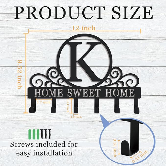 Metal Letter k Key Holder for Wall, Monogram Coat Rack Wall Mount, Key Hooks Perfect for Bathroom, Living Room, Kitchen, Office Ideal Wedding, Anniversary, Housewarming Gift (K)