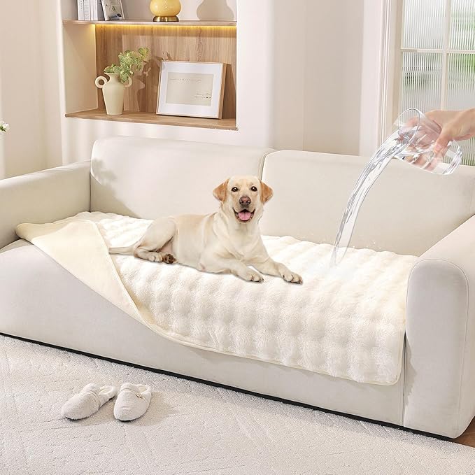 Waterproof Dog Bed Cover Non Slip Couch Covers for Dogs Washable Soft Faux Fur Sofa Cover Couch Covers for 2 Cushion Couch Sofa Pet Friendly (Off White)