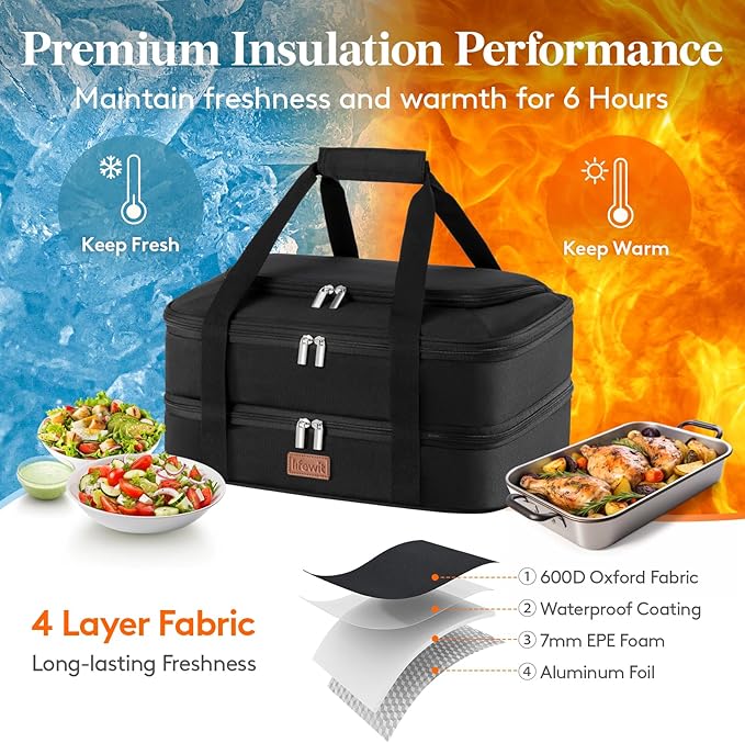 Lifewit Double Decker Casserole Carrier for Hot and Cold Food, Insulated Casserole Dish Carrier Carrying Case with Tool Room, Thermal Bag for Potluck Parties Cookouts Fits 9"×13" Baking Dish, Black