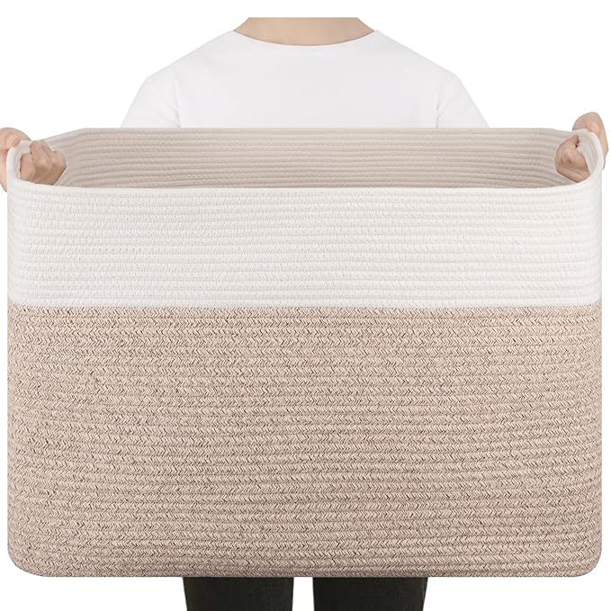 SIXDOVE Extra Large Blanket Basket, Toy Basket Bin for Kids, Cotton Rope Woven Storage Basket for Living Room, Nursery, Baby Room Decorative Organizer, 24''×16''×15'', Brown & White