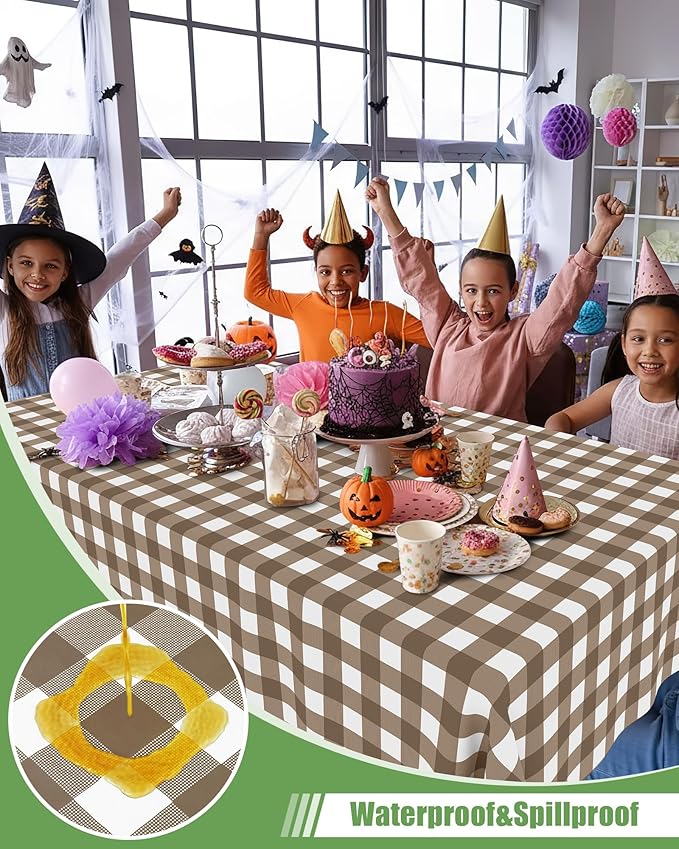 Smiry 8 Packs Gingham Disposable Table Cloth, 54 x 108 Inch Waterproof Plastic Tablecloth, Rectangle Brown and White Checkered Table Covers for Picnic, Birthday, Party