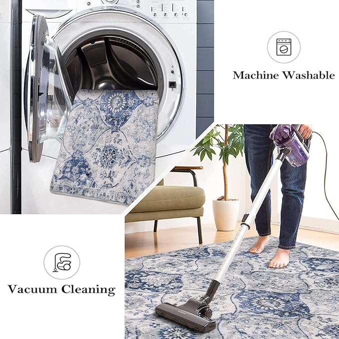Lahome Moroccan Trellis Washable Rug, 2x3 Kitchen Rugs for Entryway Bathroom, Non-Slip Indoor Door Mat Ultra-Thin, Small Oriental Throw Carpet for Bedroom Entry Elise, White/Royal Blue