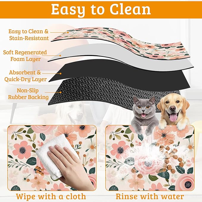 Dog Bowl Mat,Blooming Flowers Pet Feeding Mat for Floors Waterproof,Peonies Roses Absorbent Dogs Placemat for Food and Water Quick Dry Pet Cat Feeding Mats with Non Slip Bottom 16" x 24"