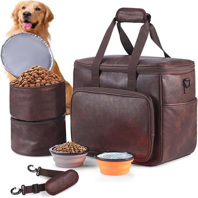 Lasaviin Dog Travel Bag, Leather Travel Pet Bag Set for Dog and Cat, Airline Approved Tote Organizer with Multi-Function Pockets, 2 Food Storage Containers, 2 Collapsible Bowls
