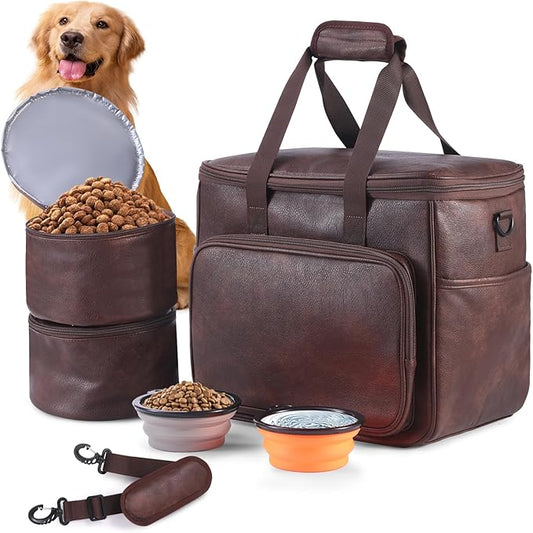 Lasaviin Dog Travel Bag, Leather Travel Pet Bag Set for Dog and Cat, Airline Approved Tote Organizer with Multi-Function Pockets, 2 Food Storage Containers, 2 Collapsible Bowls