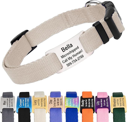 GoTags Personalized Dog Collar with Nameplate, Adjustable Dog Collar with Custom Engraved Slide On Pet ID Tag in Stainless Steel, Silent, No Noise Dog Tag (Beige, Large)