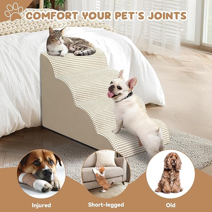 Zerbuger Dog Ramp and Stair for Bed 16" H-20 H,3-Step Cat Stair for Sofa and Chair,4-Step Dog Ramp for High Bed and Window,Durable Nonslip Fabric Cover for Indoor (Beige-20 H, Pet Friendly, 4)