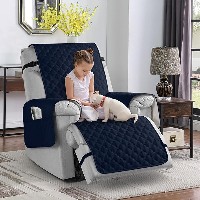 TAOCOCO Non-Slip Recliner Chair Cover Sofa Slipcover, Pet Cover for Small Recliner Chair with Elastic Straps, Washable Reclining Chair Cover Recliner Furniture Protector (23'' Small, Dark Blue)