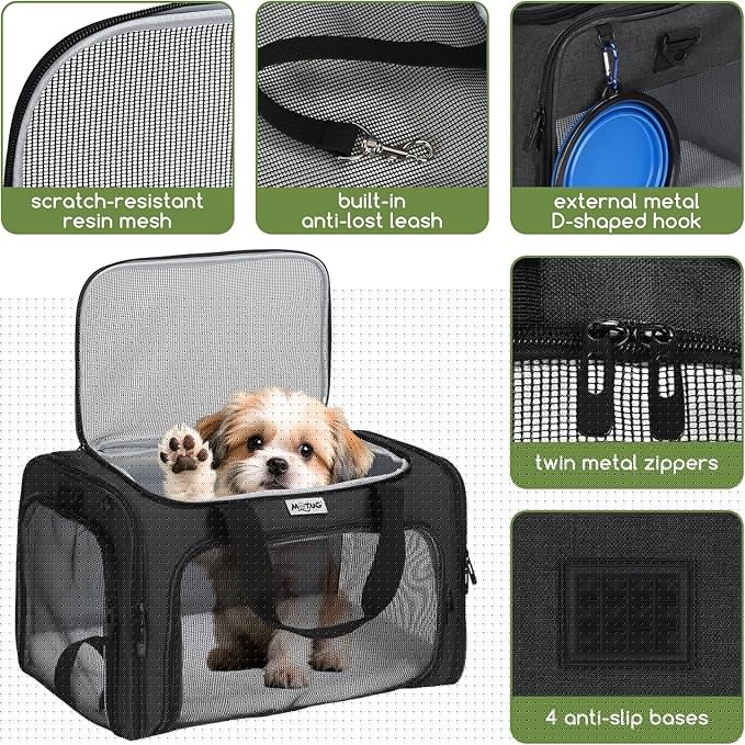 Pet Carrier for Cats & Small Dogs, Travel Carrier with Anti-Collapse Support, Chew Resistant Buckles, Luggage Sleeve, Multi-Pocket Storage, Reversible Mat & Bowl (Black, Medium (17.5"x11"x11.5"))