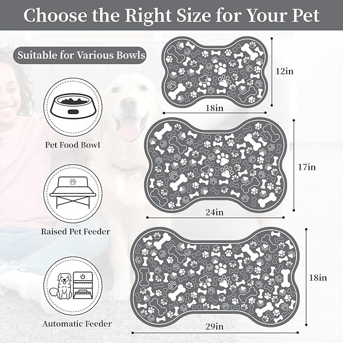 Dog & Cat Food Mat Bone Shaped Pet Feeding Mat Quick Absorb Water Bowl Placemat with Rubber Backing Indoor Floor Stain Resistant Pet Accessory Supplies (Dark Gray, 17x29 Inches)