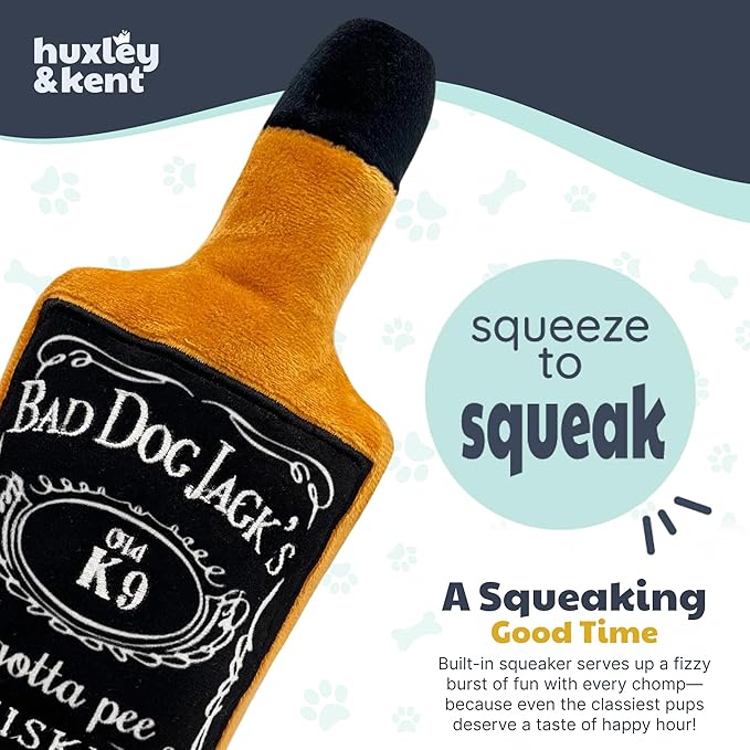 Huxley & Kent Funny Dog Toys w/Squeaker & Crinkle - Stimulating & Interactive Chew Toy for Dogs - Mesh Lined Stuffed Doggie Toy-Easy to Clean Doggie Toys for All Breeds (Bad Dog Jack's Whiskey,Large)
