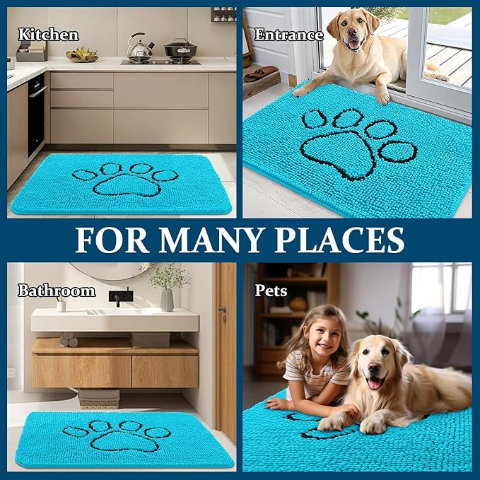 OLANLY Dog Door Mat for Muddy Paws 48x30, Paw Print Design, Absorbs Moisture and Dirt, Absorbent Non-Slip Washable Doormat, Quick Dry Chenille Mud Mat for Dogs, Entry Indoor Entryway Carpet, Aqua Blue