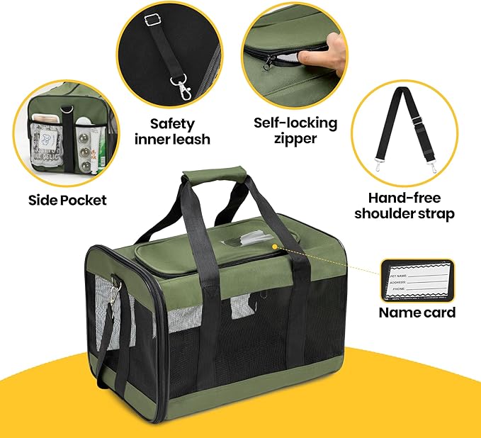 Conlun Cat Carrier Airline Approved, Soft-Sided Dog Carrier with Inner Safety Leash, Pet Transport Carrier for Small-Medium Cats Puppies up to 15 Lbs, Collapsible Travel Kitten Carrier Bag -Green M