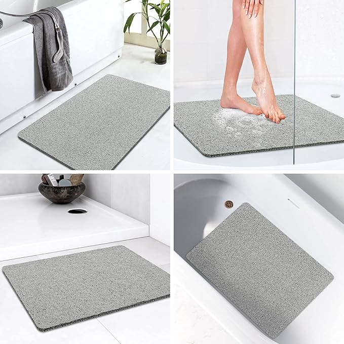 LuxStep Shower Mat Bathtub Mat,32x16 inch, Non-Slip Bath Mat with Drain, Quick Drying PVC Loofah Bathmat for Tub,Shower,Bathroom,Grey