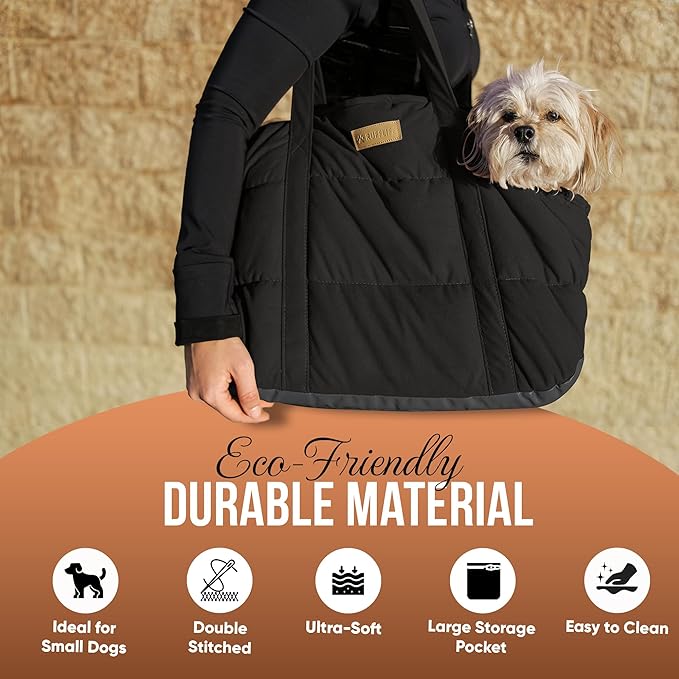 NoblePup Plush Dog Purse Carrier for Small Dogs, Soft Dog Tote Bag with Safety Harness Clip, Cozy Pet Carrier for Dogs Under 15 lbs, Comfortable Dog Shoulder Carrier for Travel, Black