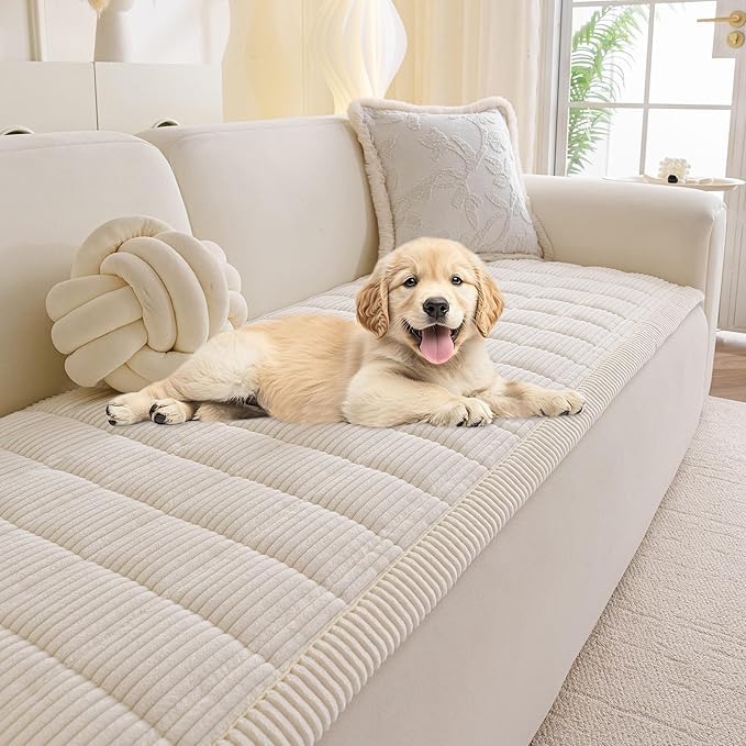MYSKY HOME Couch Cover for Dogs Washable, Dog Sofa Couch Covers,Washable Non-Slip Couch Sofa Cover Protector Dog Mat for 2 Cushions and Sofas(Cream,27.6" x 70.9")