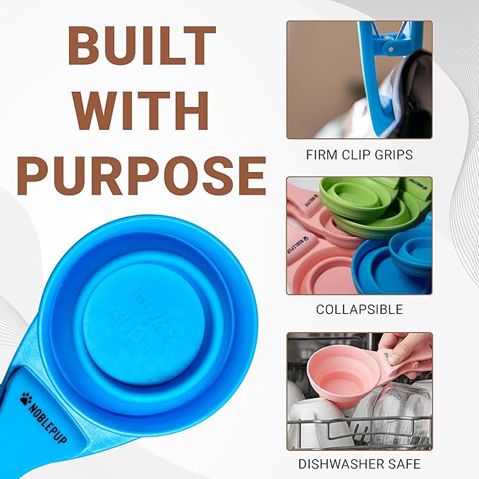 MeasureMate Pet Food Scoops with Bag Clip for Dog and Cat - 3-in-1 Multi-Function Collapsible Food Measuring Cup - 1 Cup Capacity, 8oz, Blue - Dishwasher Safe
