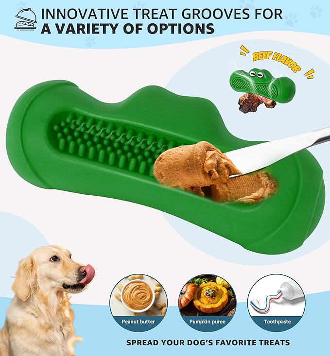 IPTPAS Durable Dog Chew Toy for Aggressive Chewers, Tough Natural Rubber Squeaky Dog Toy with Irresistible Beef Flavor, Dental Care, Teeth Cleaning & Boredom Relief for Medium & Large Dogs (Green)
