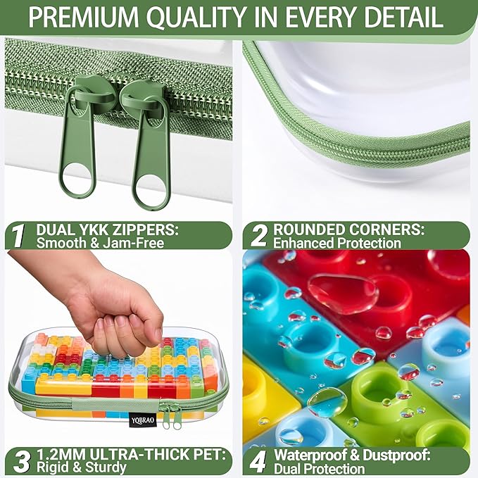 YQBRAO 6 Pack Sleek Green Clear Hard Shell Zipper Case, 1.2mm Heavy Duty Tech & Cord Organizer Pouches, Crush-Proof Electronic Storage for Travel, Tools & Diaper Bag (2L+2M+2S)