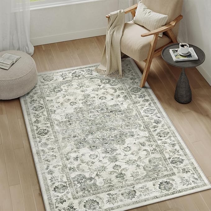 3x5 Washable Neutral Area Rug Green Vintage Entryway Office Carpet Non-Slip Soft Low Pile Farmhouse Throw Rug for Entrance Living Room Bathroom Dining Room