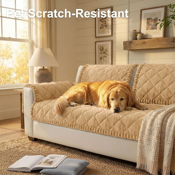 Smiry Fuzzy Couch Cover for Dogs, Non Slip Washable Pet Sofa Cover, Scratch Proof Hair Resistant Plush Sofa Slipcover, Pet Friendly Couch Cushion Protector for Cat, Camel, 27.6" x 88"