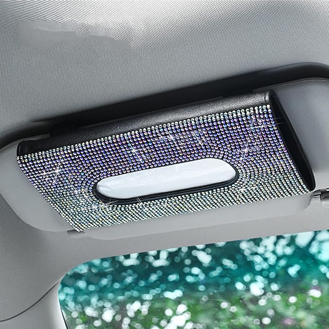 Bling Car Sun Visor Tissue Mask Box Holder, Bling Car Accessories for Women Girls, Hanging Crystal Sparkling Diamond Napkin Holder Paper Towel Cover,PU Leather Backseat Tissue Case
