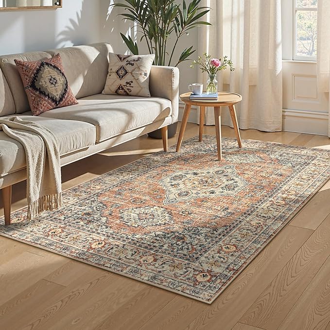 Lahome Oriental Washable Rug, 3x5 Rugs for Bedroom Living Room Entryway, Vintage Ultra-Thin Non-Slip Soft Throw Carpet for Kitchen Office Entrance Eleanor, Peach/Orange