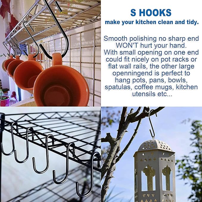 50 Pack Heavy Duty S Hooks S Shaped Hooks Hanging Hangers Pan Pot Holder Rack Hooks for Kitchenware Spoons Pans Pots Utensils Clothes Bags Towels Plants(Black & Silver)