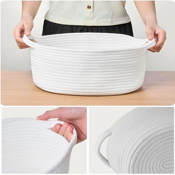 Small Woven Gift Basket Empty with Bag & Ribbon - Gifts for Mom, Baby Shower, Birthdays & Raffle - Cotton Rope Storage Basket for Dog Toys or Shelf - 13.4"x10"x5.5", Large, White