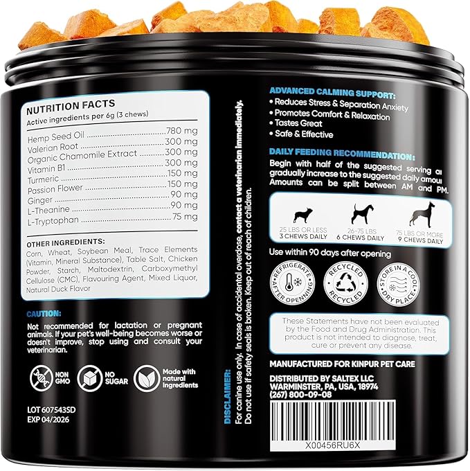 Kinpur Pet Care Relaxing Dog Calming Chews with Hemp Oil, Valerian Root, and Vitamin B - Natural Stress and Anxiety Relief for Dogs - 180 Beef-Flavored Calming Treats for All Breeds