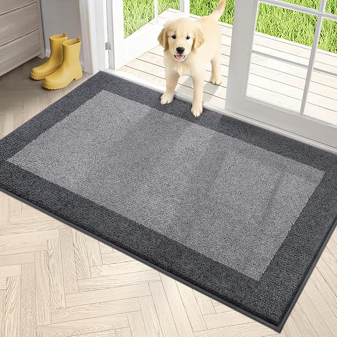 PURRUGS Dirt Trapping Door Mat 34" x 60", Non-Slip Machine Washable Entry Rug, Entrance Mat, Indoor Front Door Mat, Super Absorbent Entryway Rug for Muddy Shoes & Paws, Light Grey & Grey