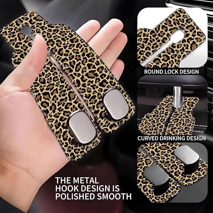 AEWNUNK Purse Hook for Car Abstract Brown Leopard 1 Pack Headrest Back Seat Hook Premium Leather Double Metal Hanger Storage Pack Bag Purse Holder Car Accessories